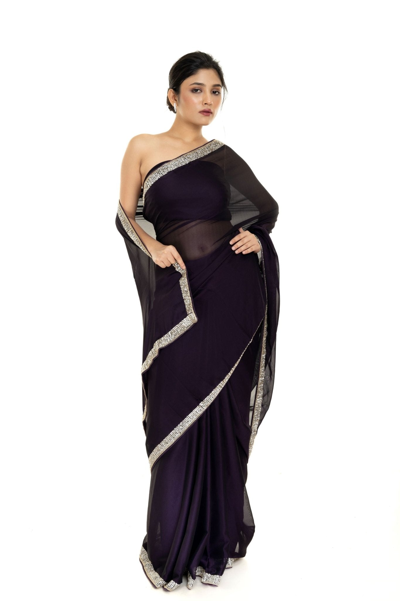 Burgundy Georgette Saree with Stone and Cutdana Embellished Border - Anvi Couture