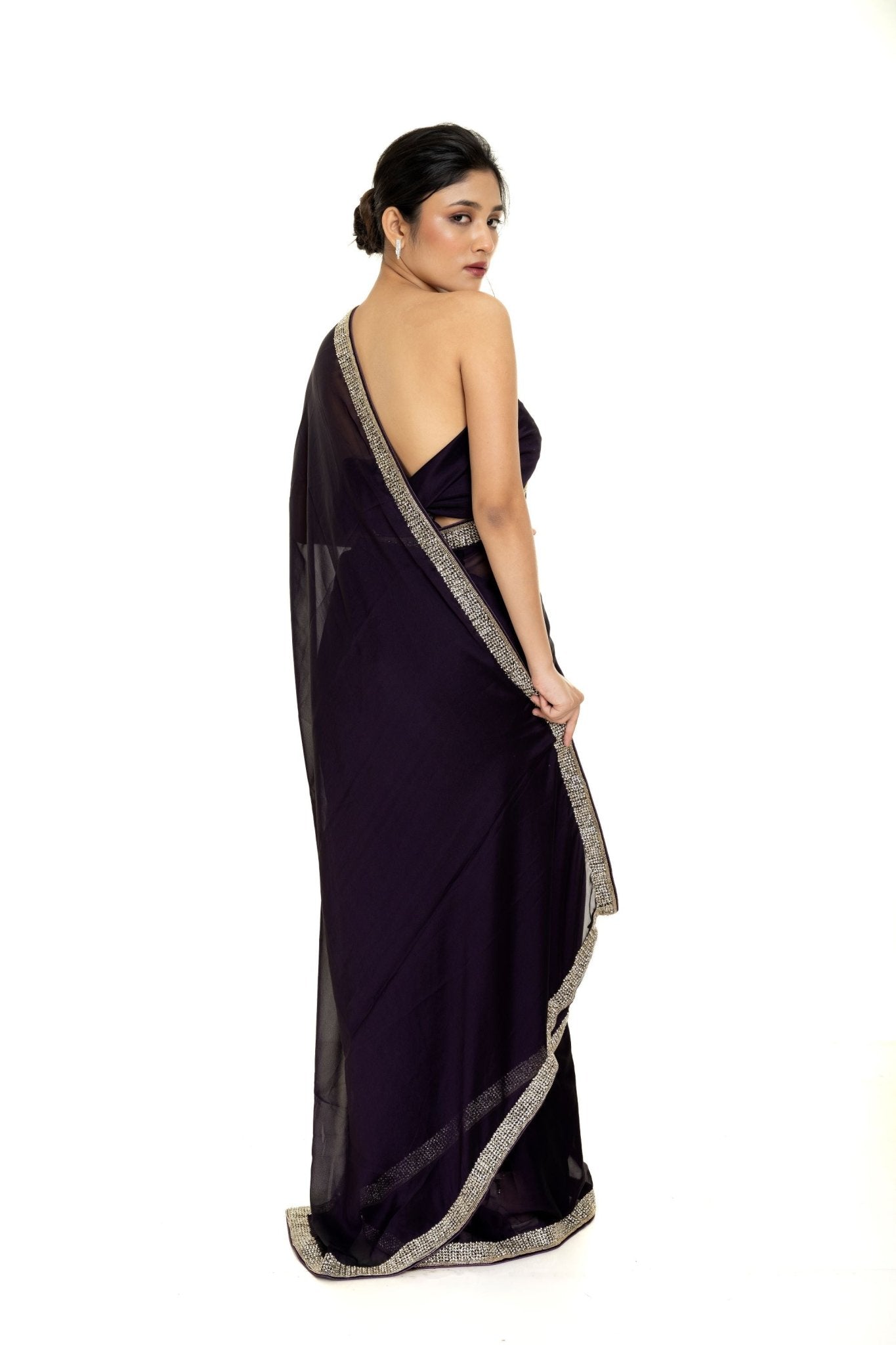 Burgundy Georgette Saree with Stone and Cutdana Embellished Border - Anvi Couture