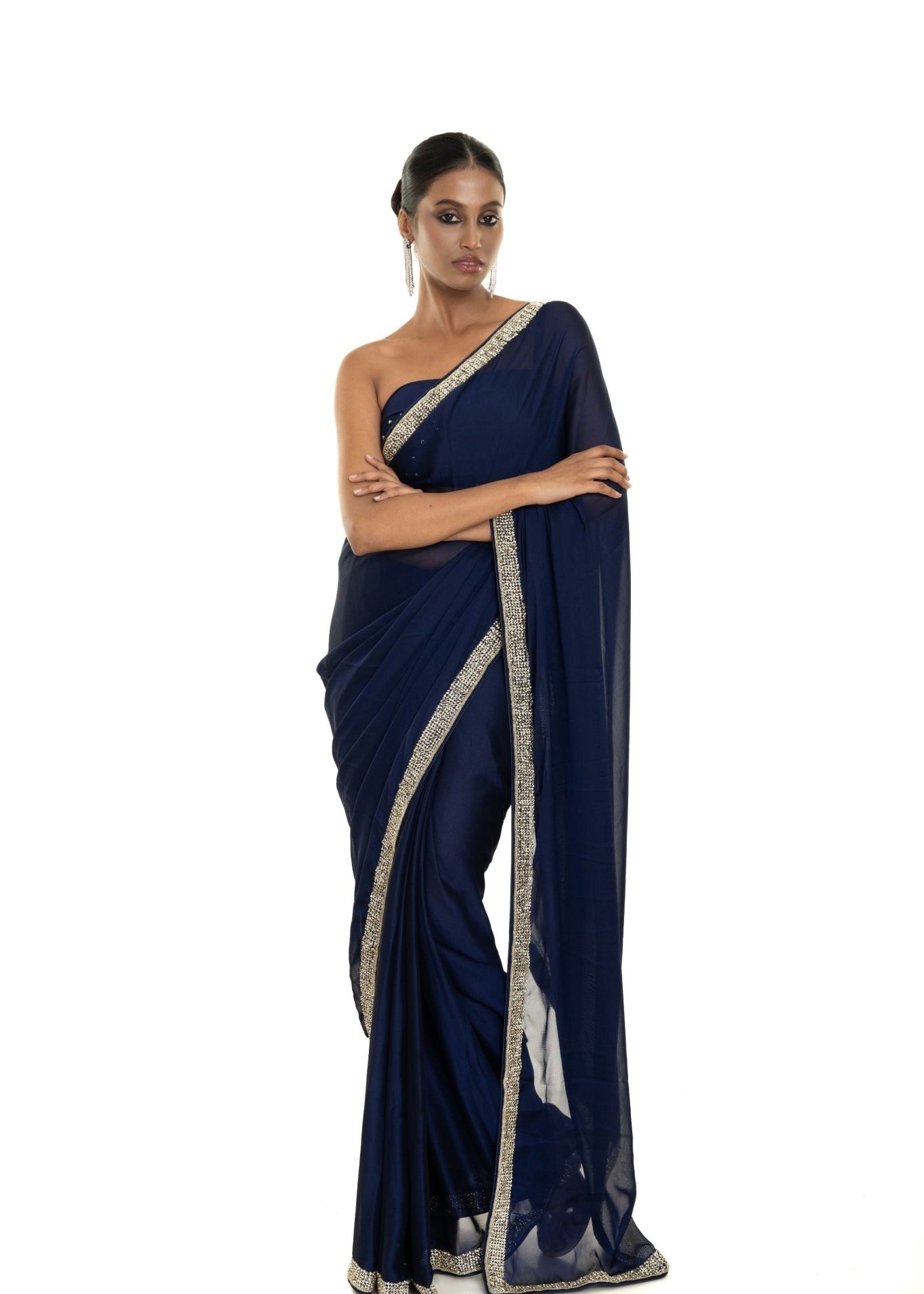 Dark Blue Georgette Saree with Stone and Cut dana Embellished Border - Image 1