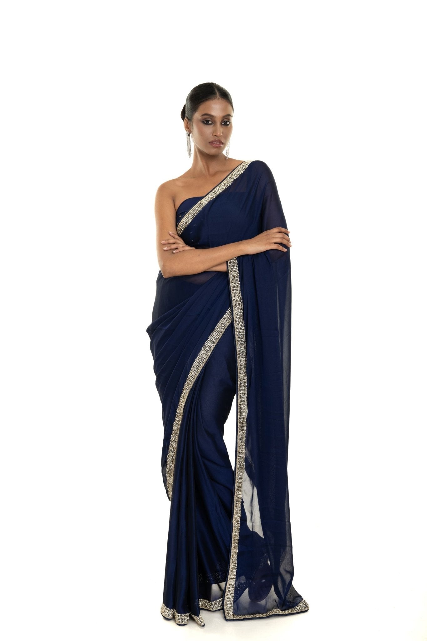 Dark Blue Georgette Saree with Stone and Cut dana Embellished Border - Anvi Couture