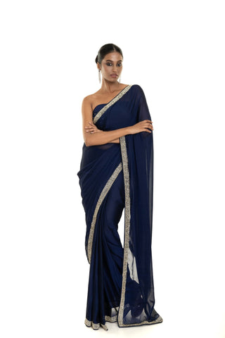 Dark Blue Georgette Saree with Stone and Cut dana Embellished Border