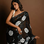 Black Chiffon Saree with Silver and Blue Floral Sequin Work - Anvi Couture