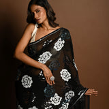 Black Chiffon Saree with Silver and Blue Floral Sequin Work - Anvi Couture