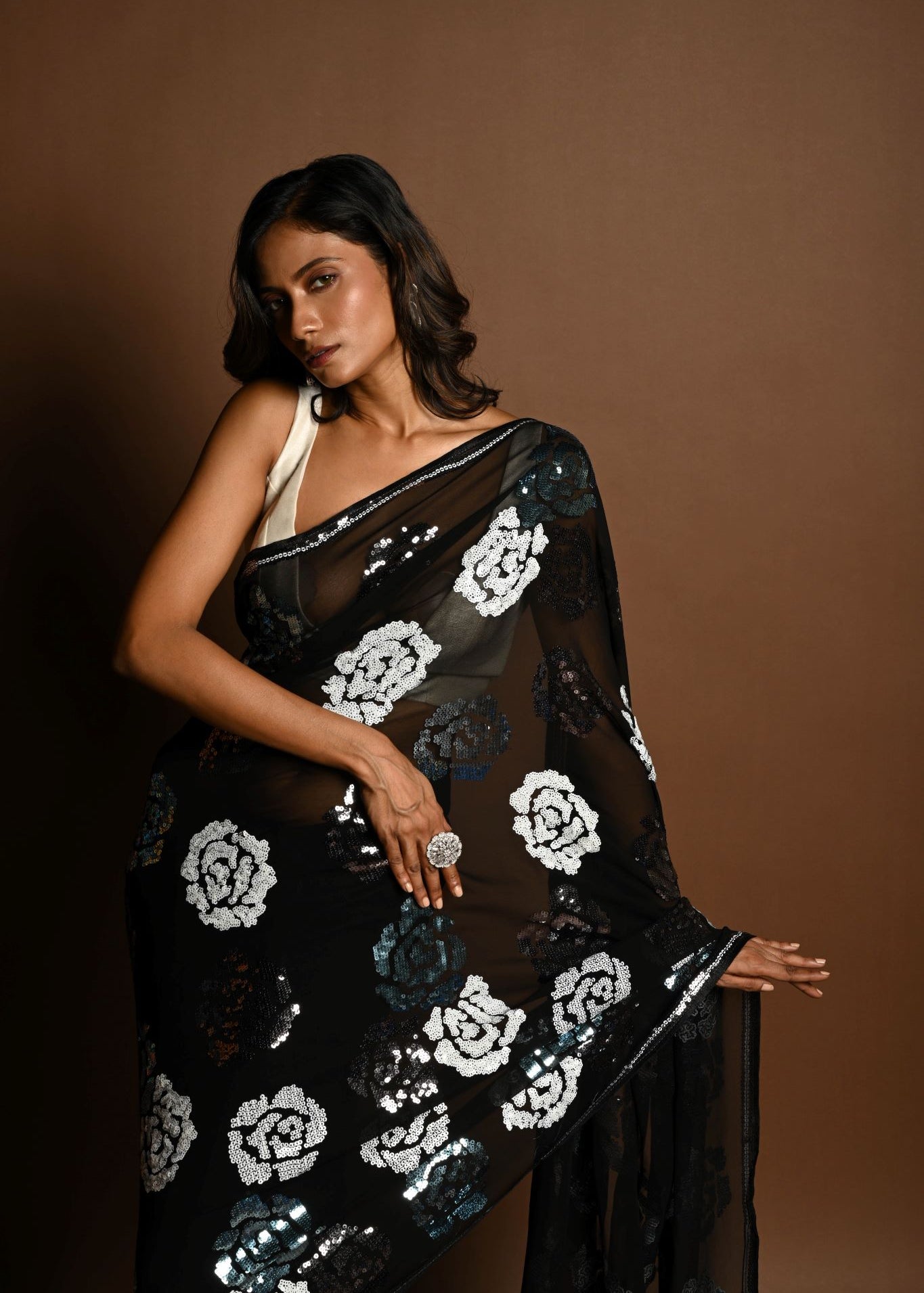 Black Chiffon Saree with Silver and Blue Floral Sequin Work - Anvi Couture