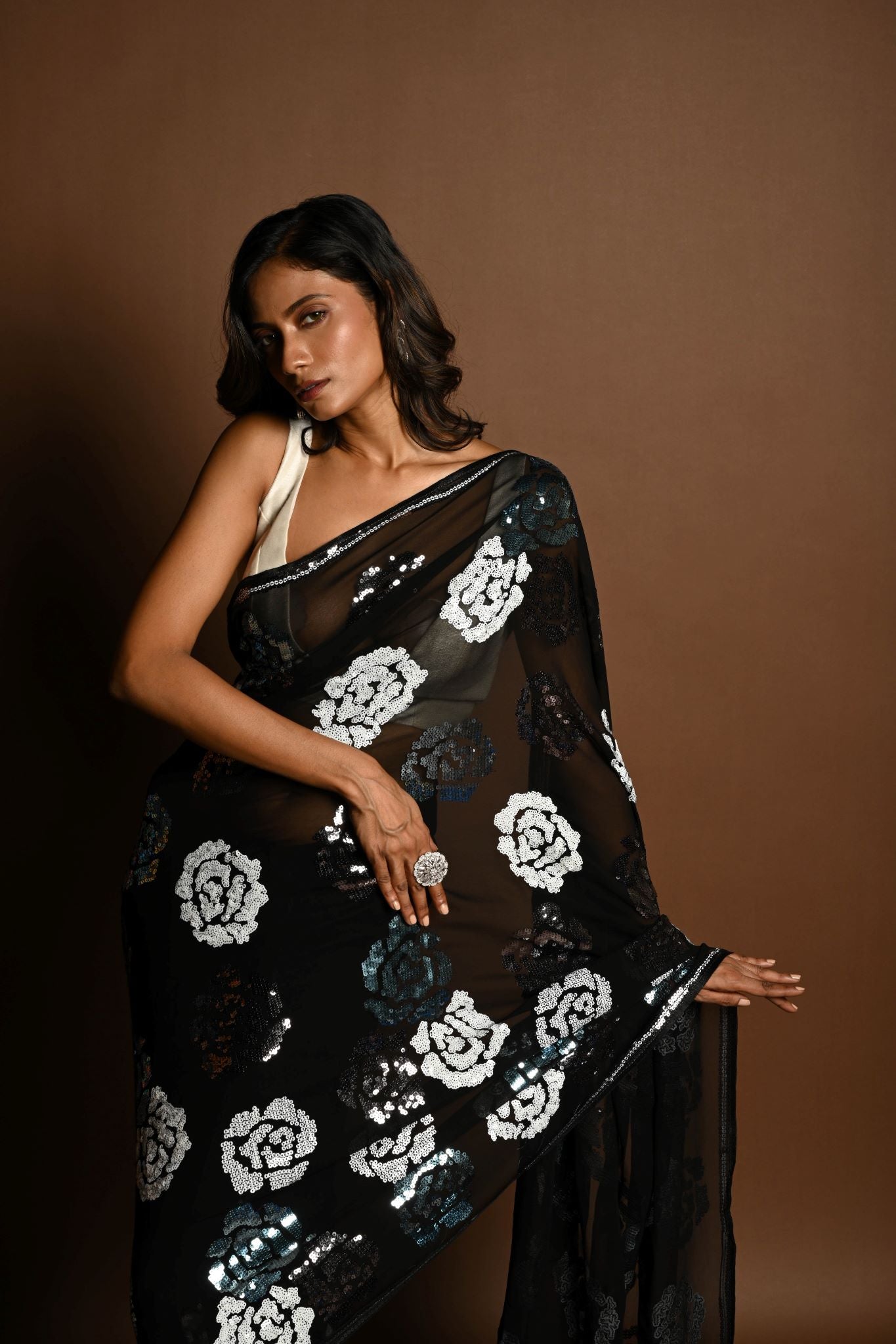 Black Chiffon Saree with Silver and Blue Floral Sequin Work - Anvi Couture