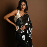 Black Chiffon Saree with Silver and Blue Floral Sequin Work - Anvi Couture