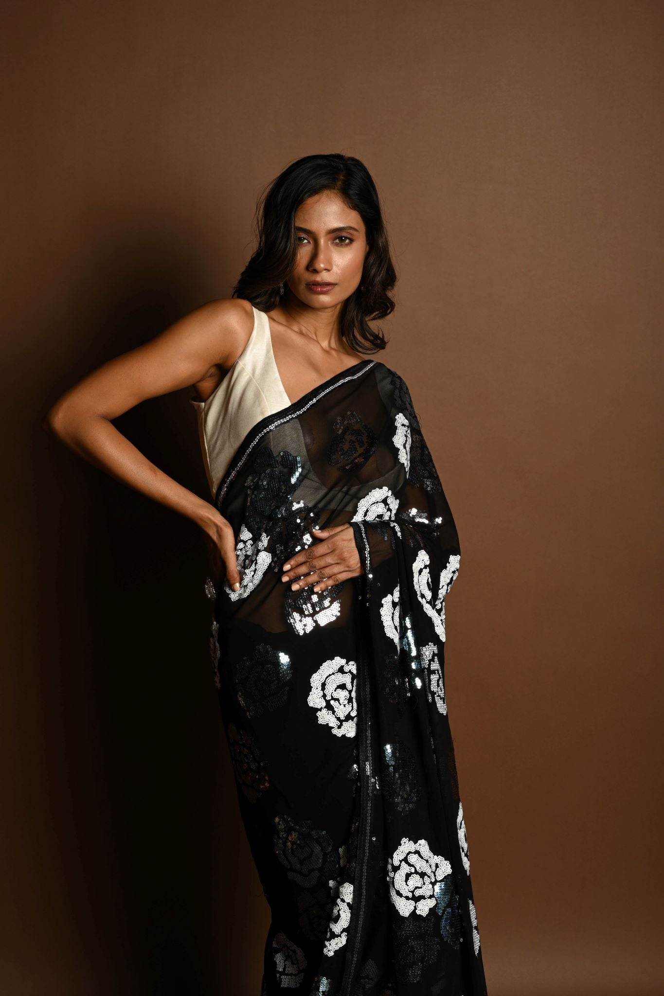 Black Chiffon Saree with Silver and Blue Floral Sequin Work - Anvi Couture