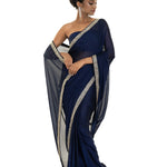 Dark Blue Georgette Saree with Stone and Cut dana Embellished Border - Anvi Couture