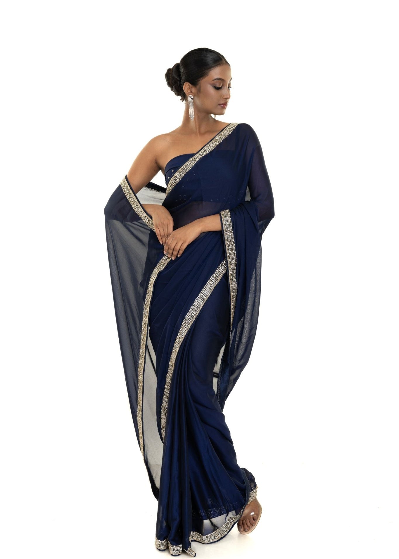 Dark Blue Georgette Saree with Stone and Cut dana Embellished Border - Anvi Couture