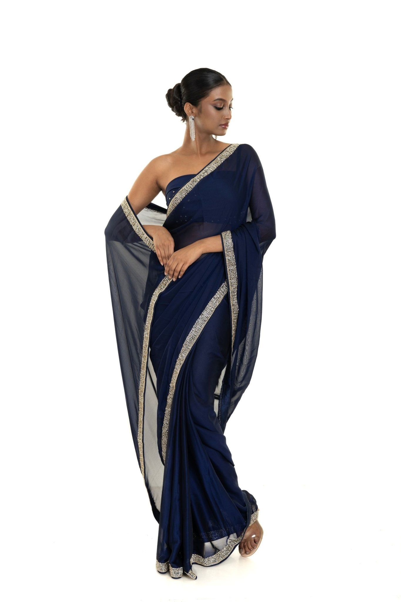 Dark Blue Georgette Saree with Stone and Cut dana Embellished Border - Anvi Couture