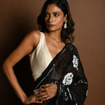 Black Chiffon Saree with Silver and Blue Floral Sequin Work - Anvi Couture