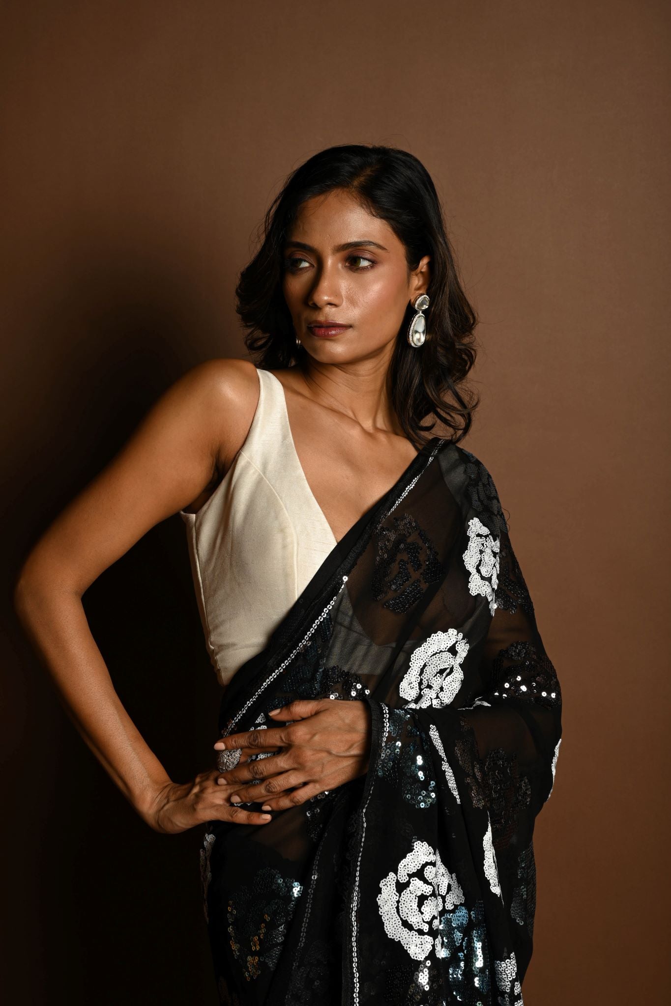 Black Chiffon Saree with Silver and Blue Floral Sequin Work - Anvi Couture