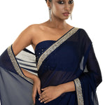 Dark Blue Georgette Saree with Stone and Cut dana Embellished Border - Image 3