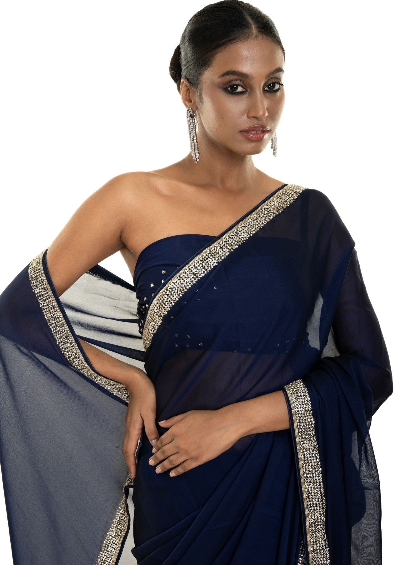 Dark Blue Georgette Saree with Stone and Cut dana Embellished Border - Image 3