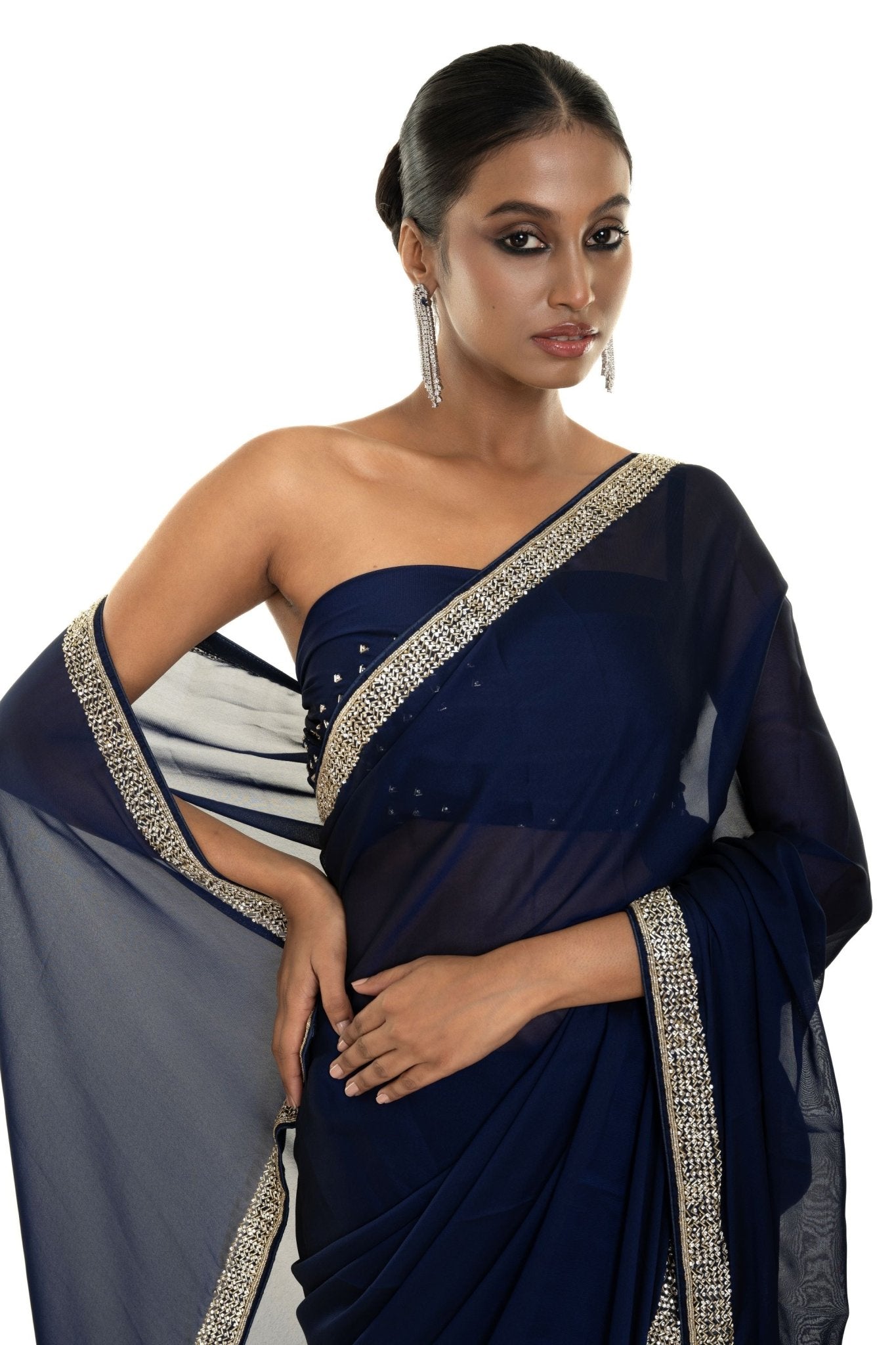 Dark Blue Georgette Saree with Stone and Cut dana Embellished Border - Anvi Couture