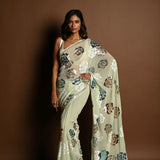 Mint Green Chiffon Saree with White, Blue and Copper Floral Sequin Work - Anvi Couture