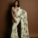 Mint Green Chiffon Saree with White, Blue and Copper Floral Sequin Work - Anvi Couture