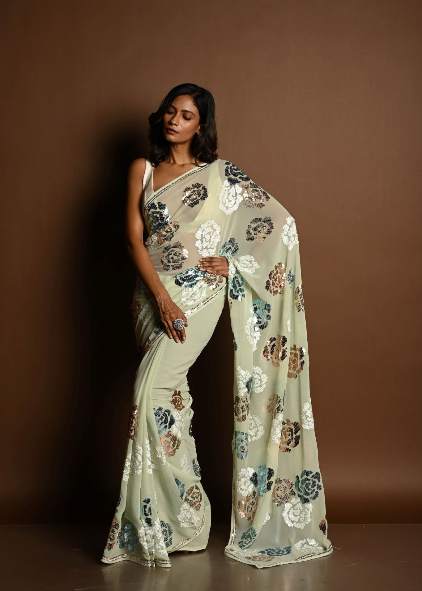 Mint Green Chiffon Saree with White, Blue and Copper Floral Sequin Work - Image 5