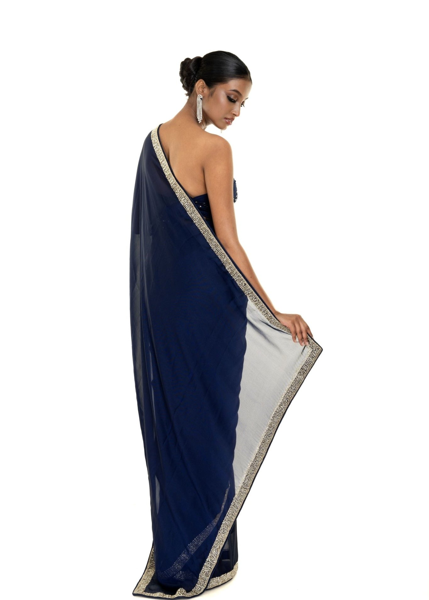 Dark Blue Georgette Saree with Stone and Cut dana Embellished Border - Image 4