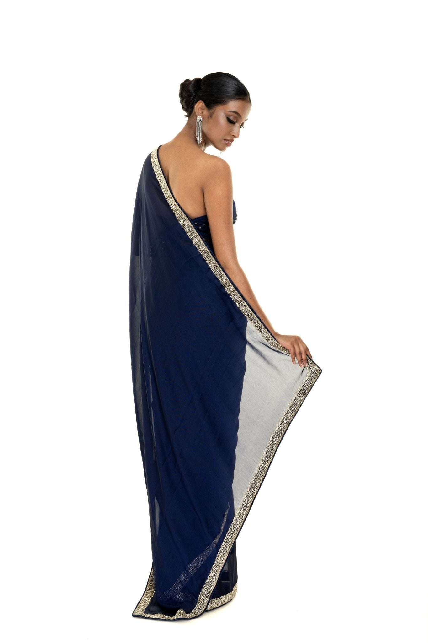 Dark Blue Georgette Saree with Stone and Cut dana Embellished Border - Image 4