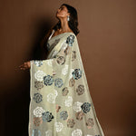 Mint Green Chiffon Saree with White, Blue and Copper Floral Sequin Work - Anvi Couture