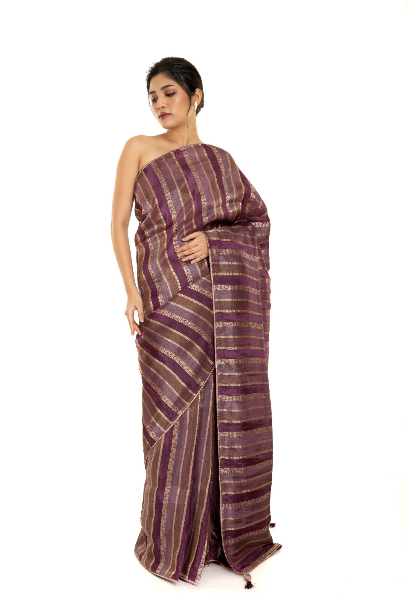 Purple and Gold Striped Woven Silk Saree with Unstitched Blouse Piece - Anvi Couture