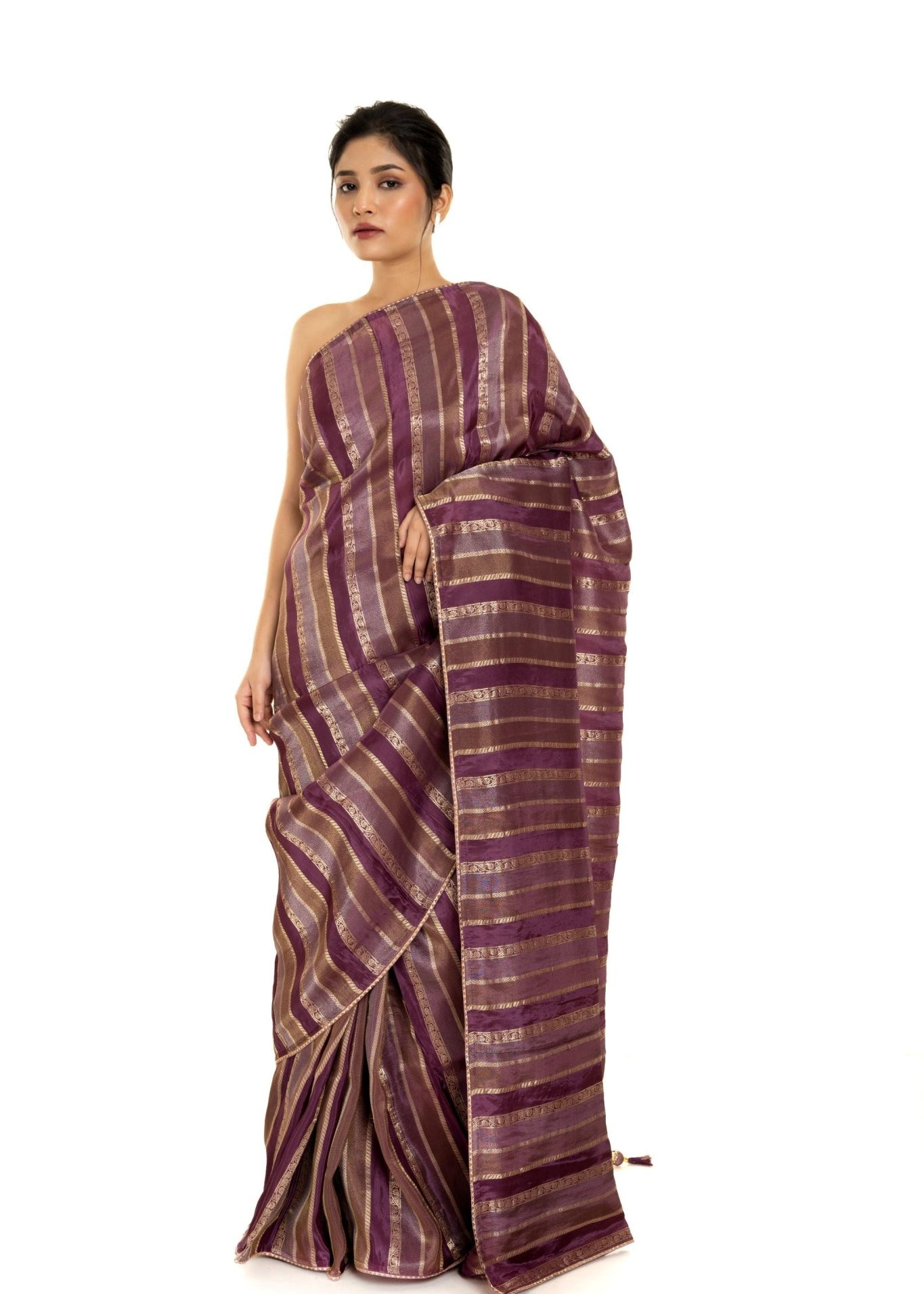 Purple and Gold Striped Woven Silk Saree with Unstitched Blouse Piece - Anvi Couture