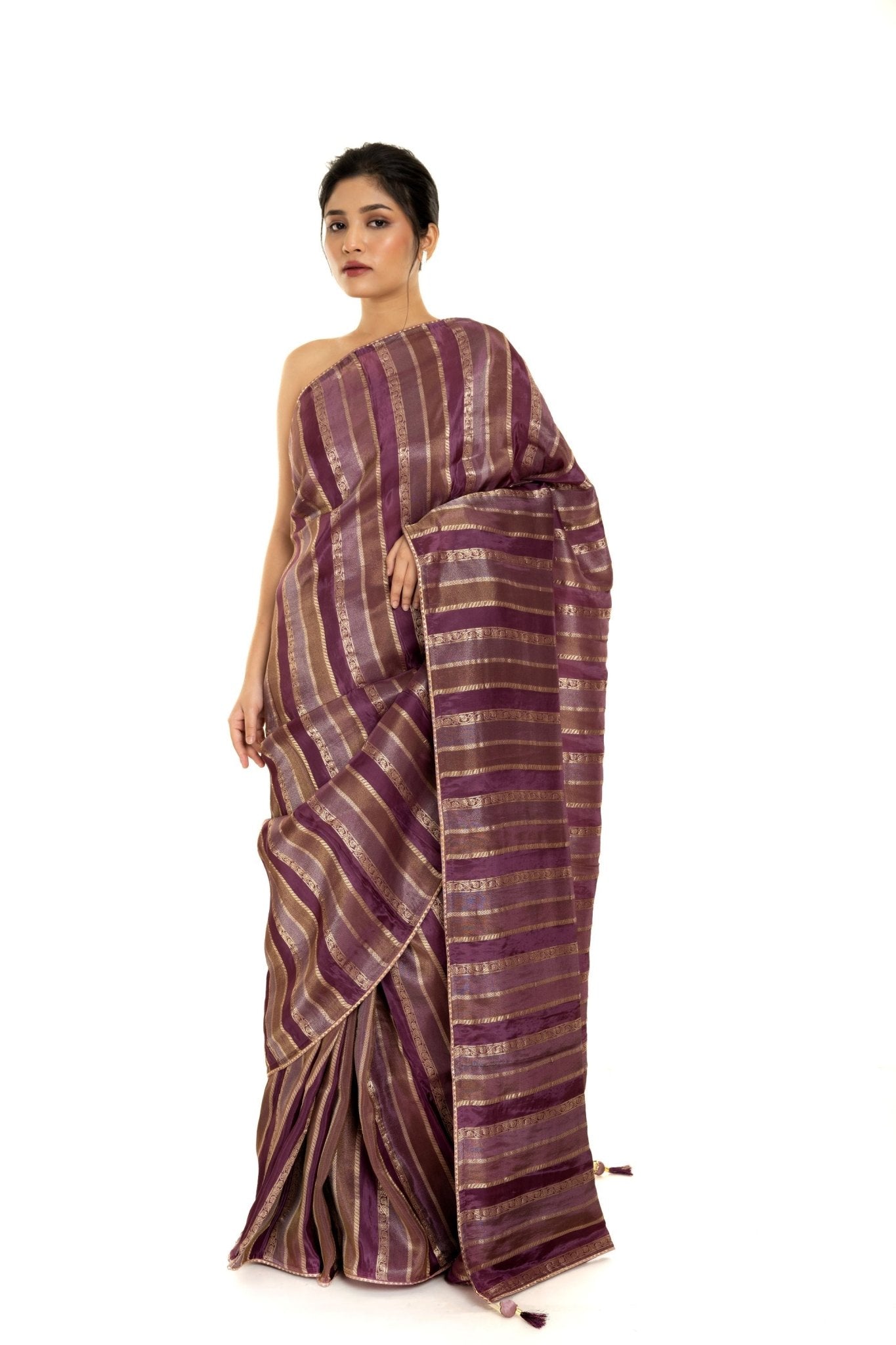 Purple and Gold Striped Woven Silk Saree with Unstitched Blouse Piece - Anvi Couture