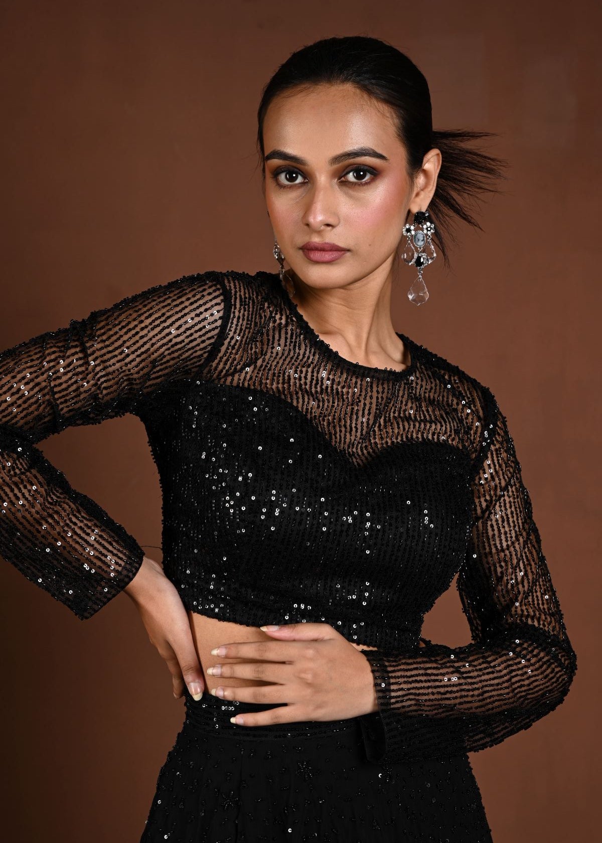 Black Sequin Party Wear Lehenga with Full Sleeve Choli - Anvi Couture