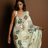 Mint Green Chiffon Saree with White, Blue and Copper Floral Sequin Work - Anvi Couture