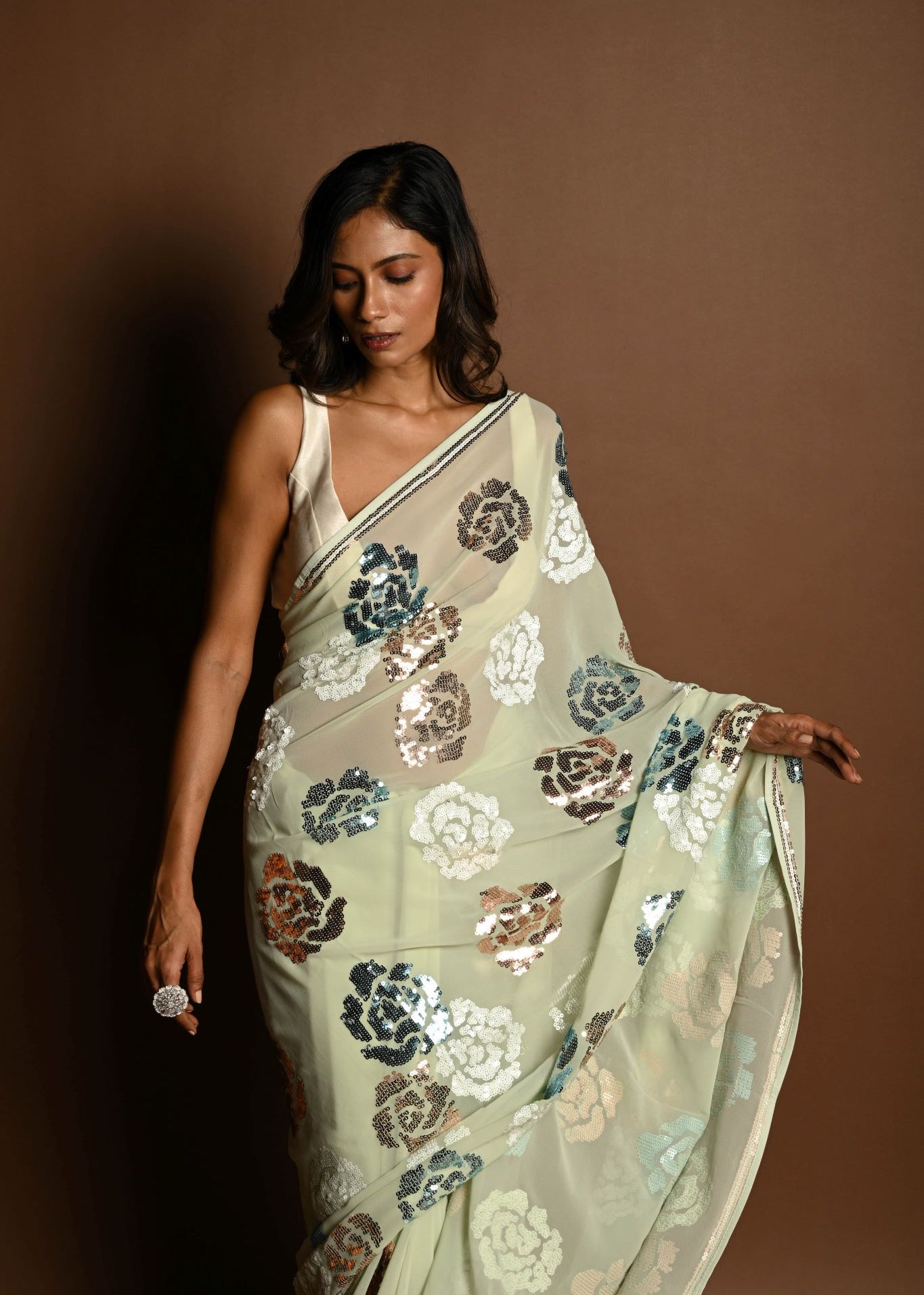 Mint Green Chiffon Saree with White, Blue and Copper Floral Sequin Work - Anvi Couture