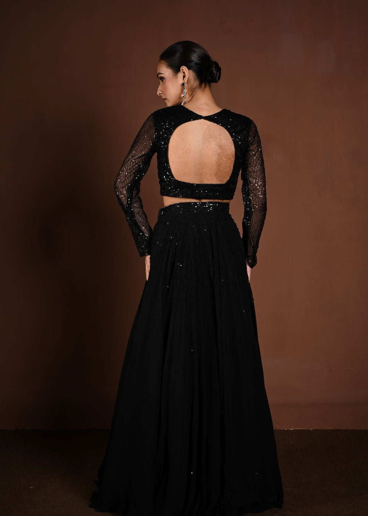 Black Sequin Party Wear Lehenga with Full Sleeve Choli - Anvi Couture