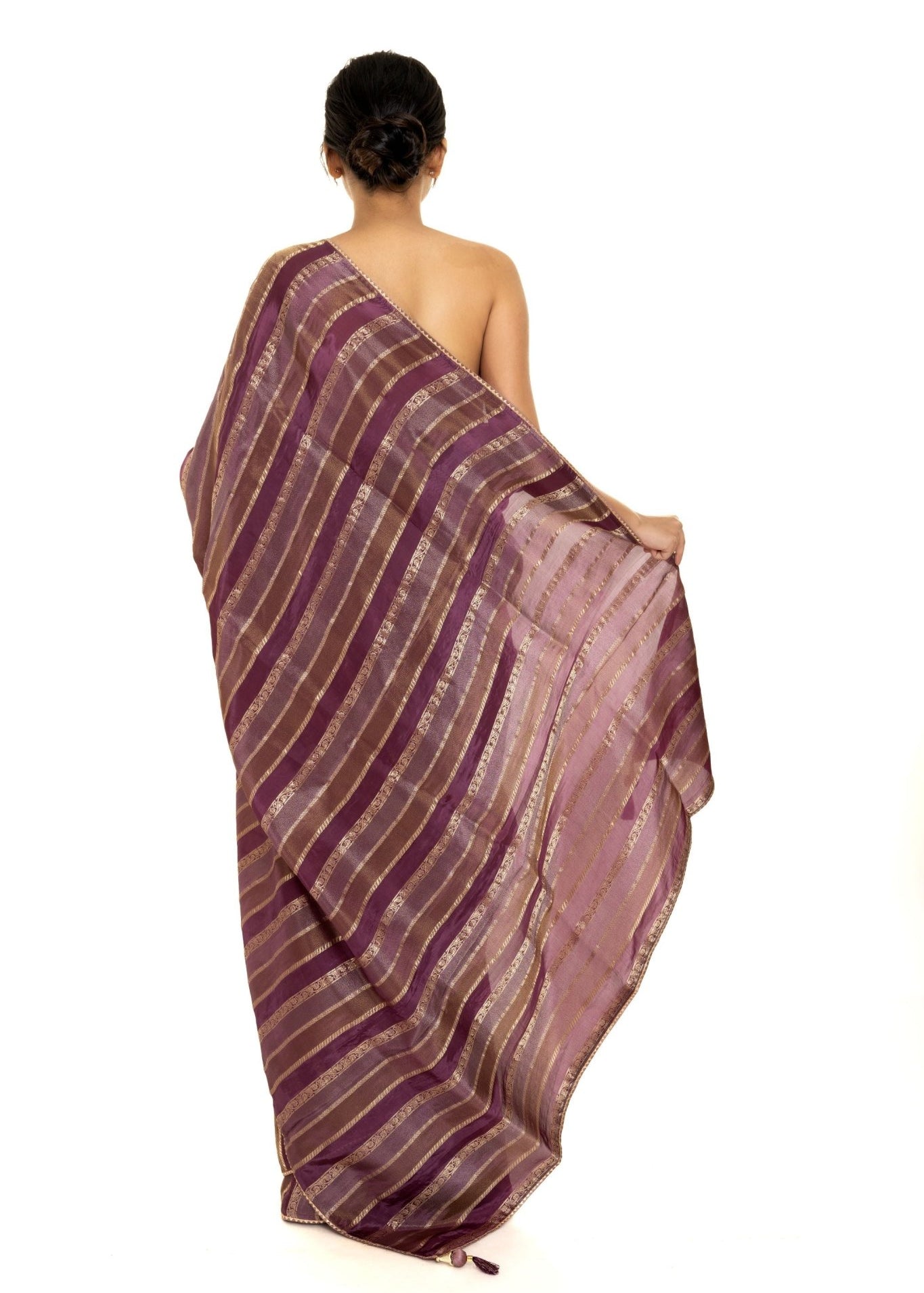 Purple and Gold Striped Woven Silk Saree with Unstitched Blouse Piece - Anvi Couture
