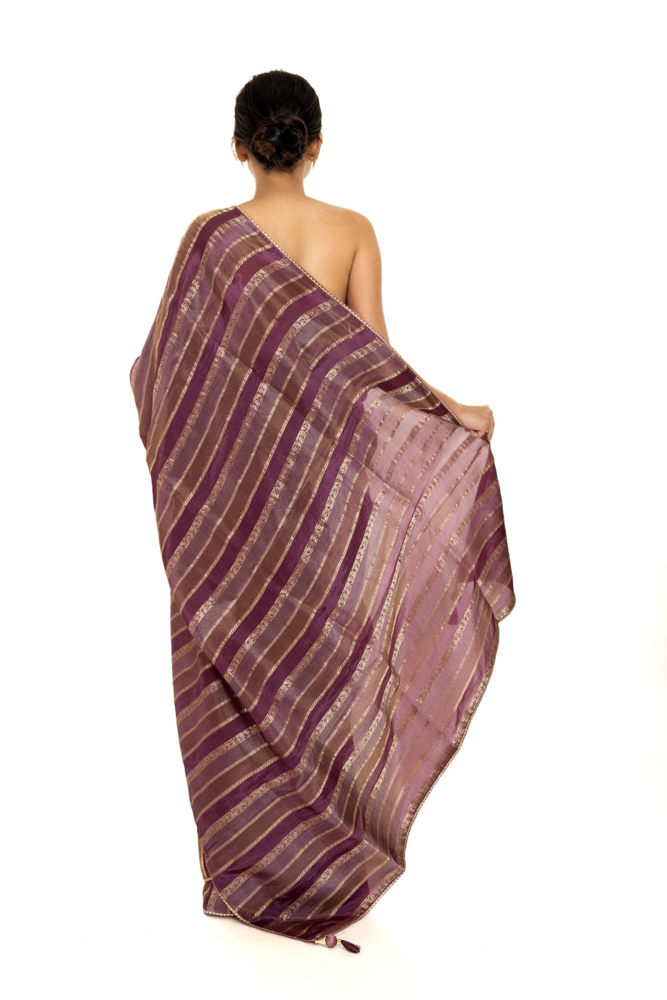 Purple and Gold Striped Woven Silk Saree with Unstitched Blouse Piece - Anvi Couture