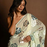 Mint Green Chiffon Saree with White, Blue and Copper Floral Sequin Work - Anvi Couture