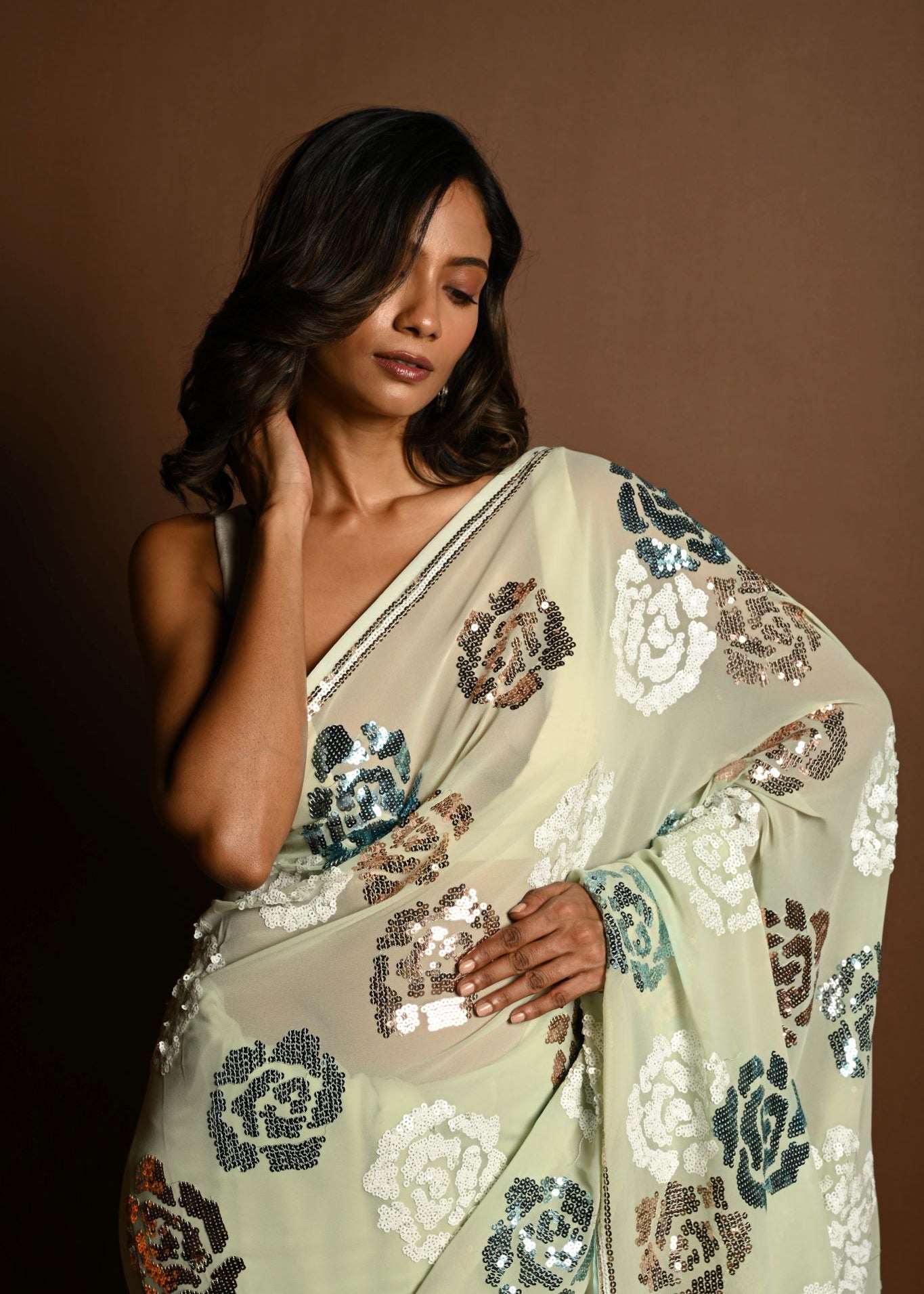 Mint Green Chiffon Saree with White, Blue and Copper Floral Sequin Work - Image 3