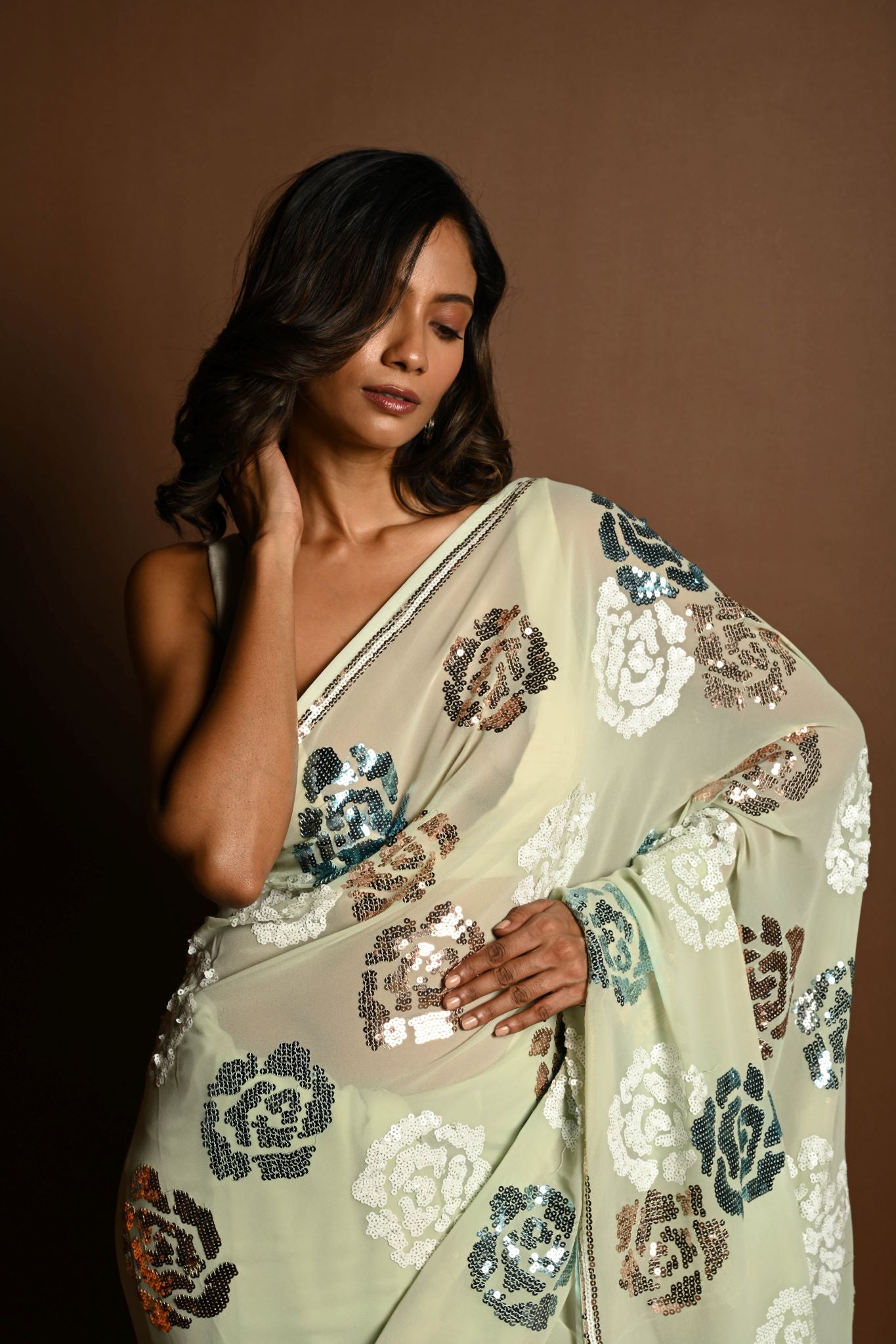 Mint Green Chiffon Saree with White, Blue and Copper Floral Sequin Work - Anvi Couture