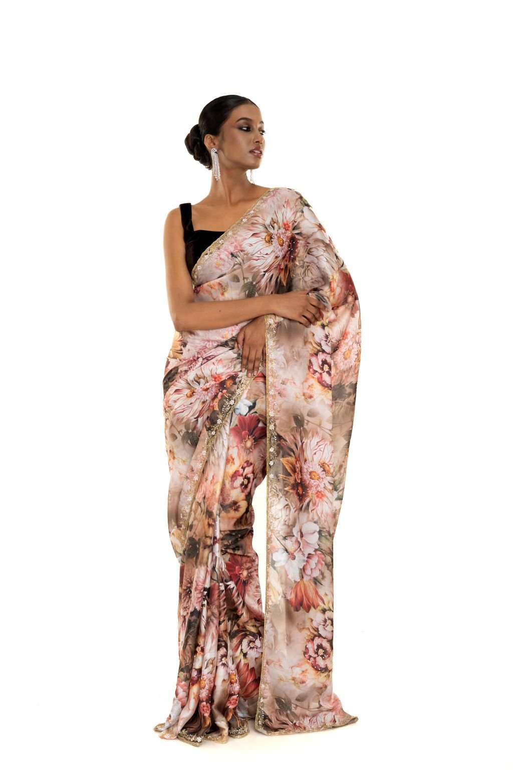 Ivory Crepe Saree with Delicate Floral Print and Cut Dana Embroidery Work - Image 2