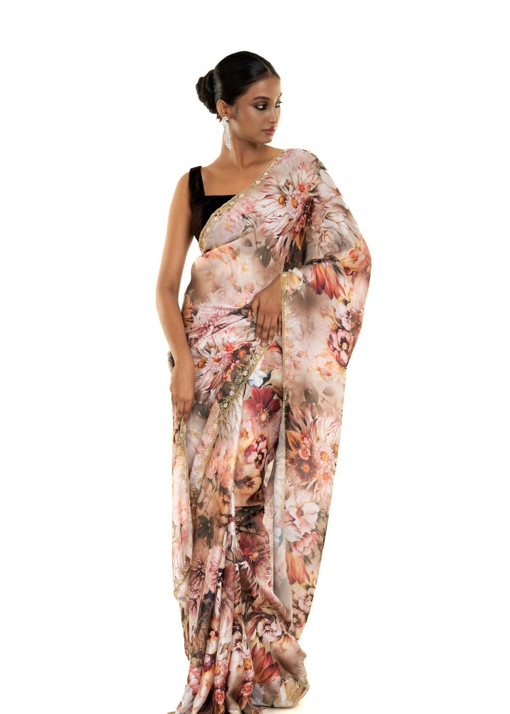 Ivory Crepe Saree with Delicate Floral Print and Cut Dana Embroidery Work - Image 3