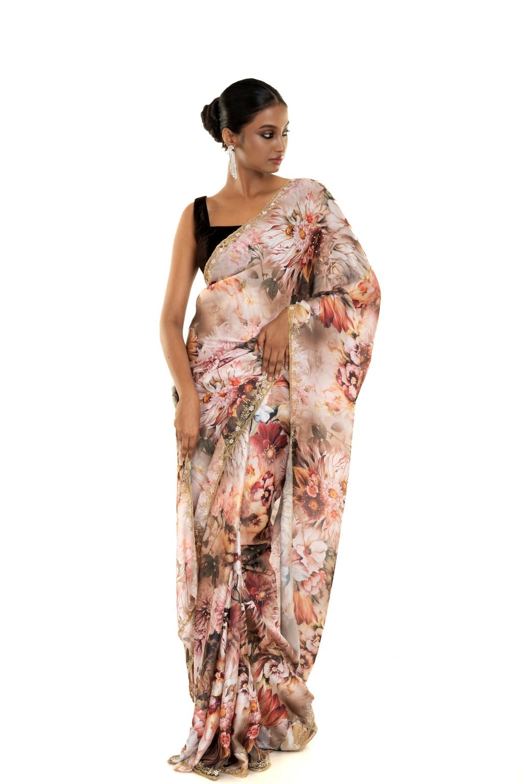 Ivory Crepe Saree with Delicate Floral Print and Cut Dana Embroidery Work - Image 3