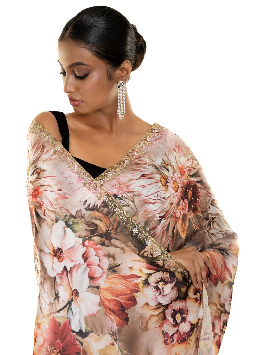 Ivory Crepe Saree with Delicate Floral Print and Cut Dana Embroidery Work - Image 4