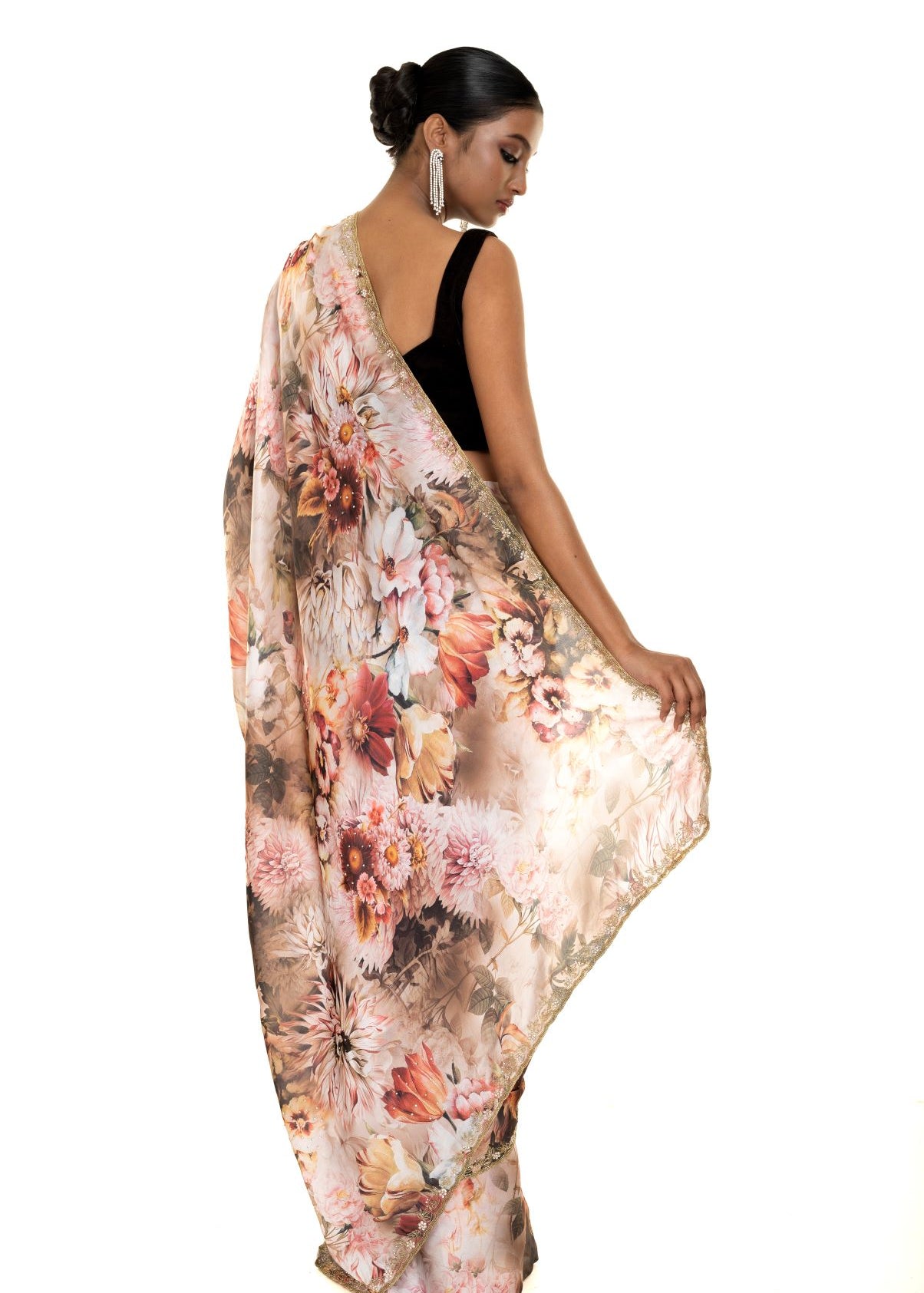 Ivory Crepe Saree with Delicate Floral Print and Cut Dana Embroidery Work - Image 5