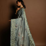 Sage Green Satin Silk Saree with Floral Prints and Parsi Gara Border - Anvi Couture