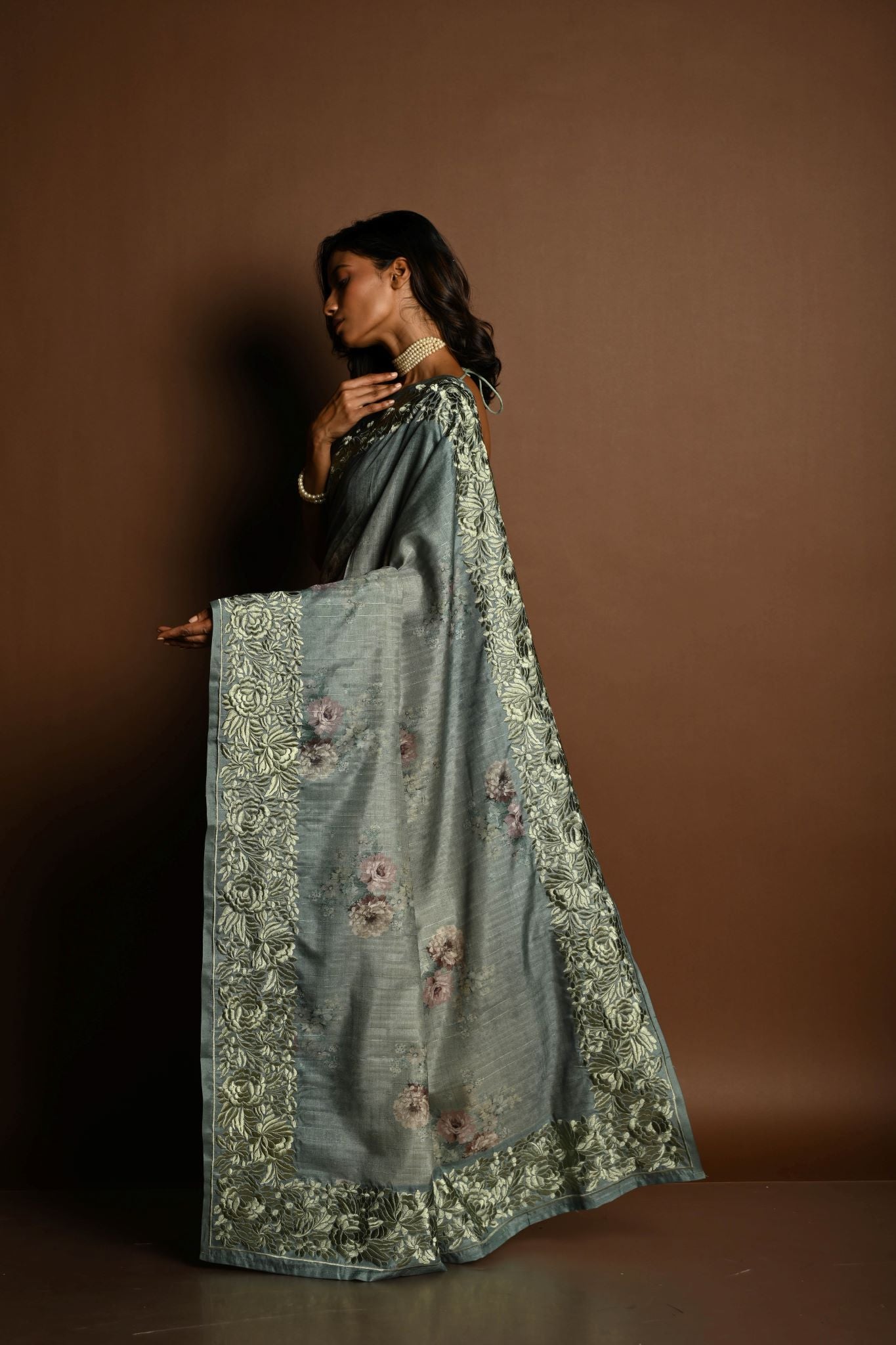 Sage Green Satin Silk Saree with Floral Prints and Parsi Gara Border - Anvi Couture