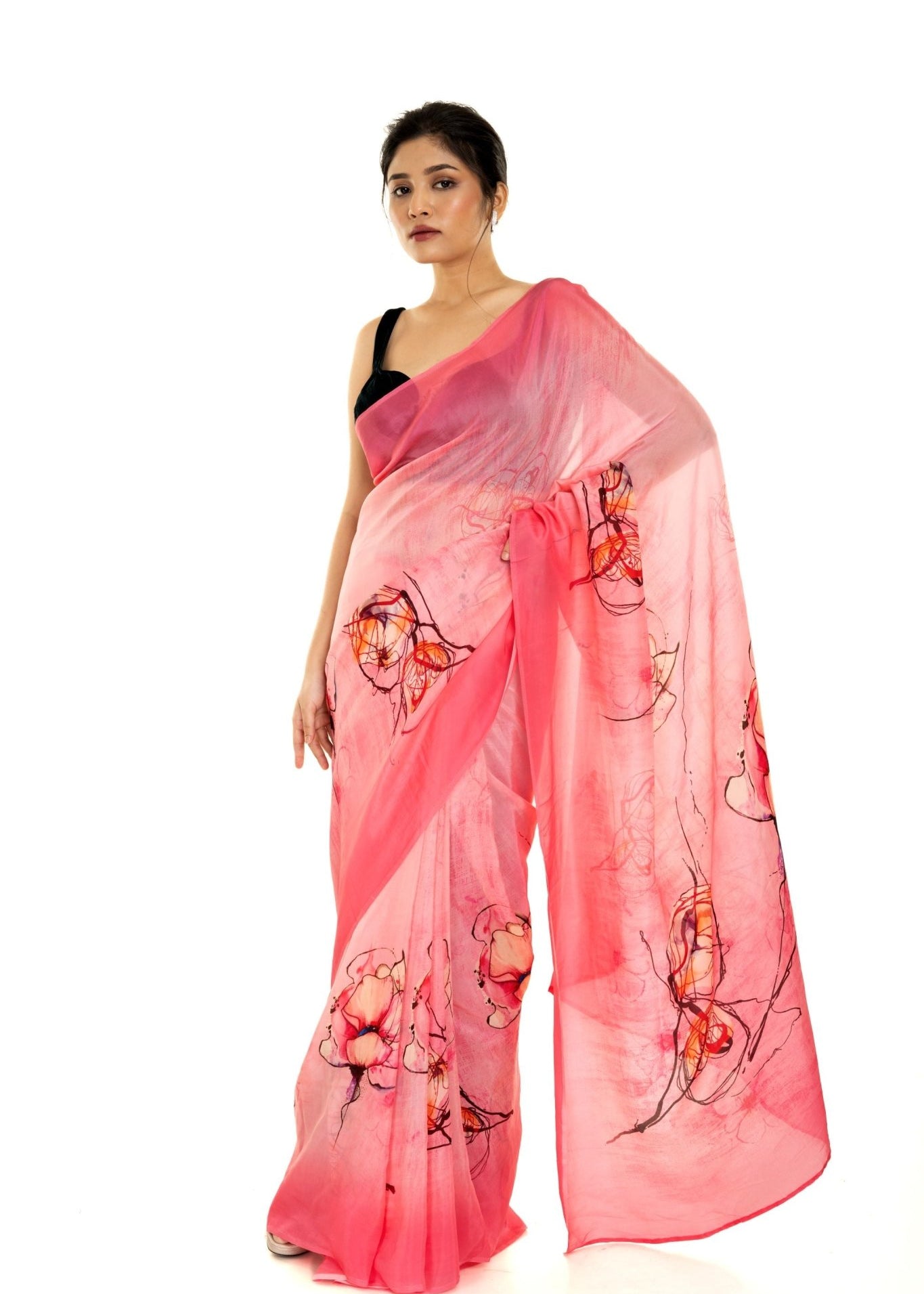 Pink Ombre Floral Painted Pure Organza Silk with Unstitch Blouse Piece - Anvi Couture