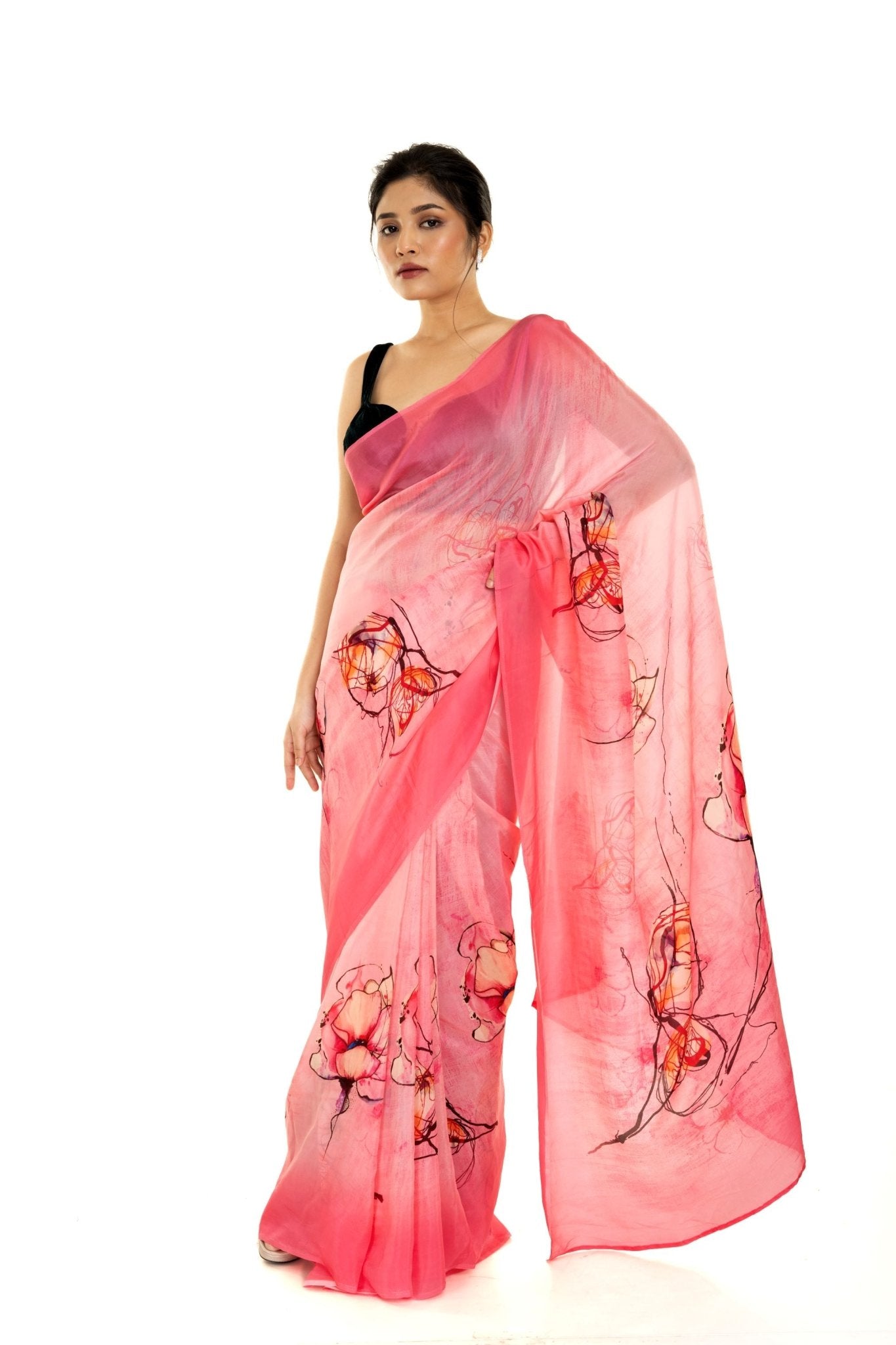 Pink Ombre Floral Painted Pure Organza Silk with Unstitch Blouse Piece - Anvi Couture