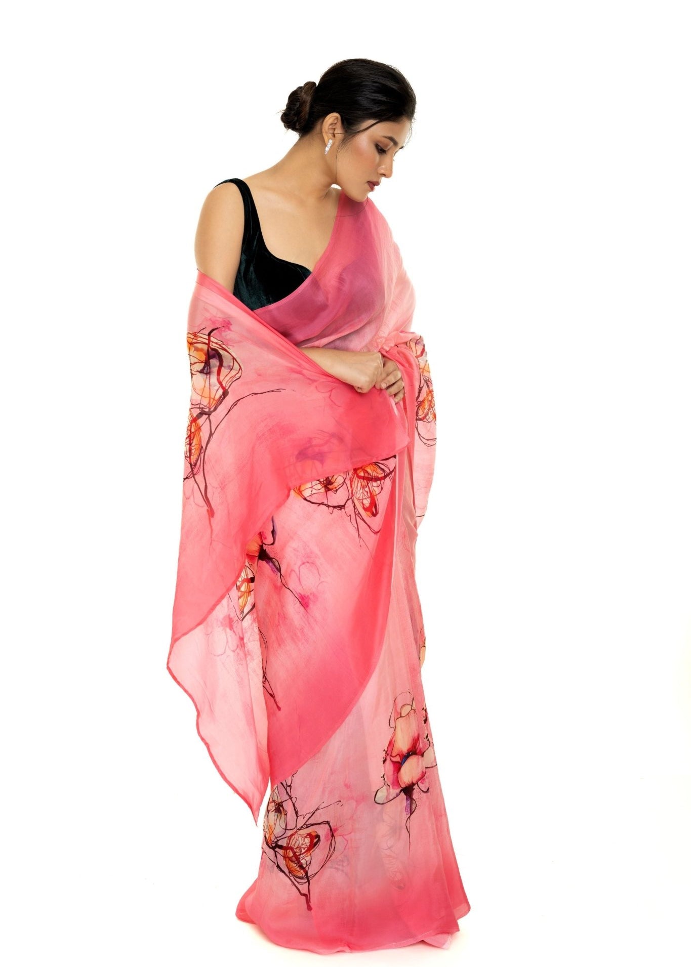 Pink Ombre Floral Painted Pure Organza Silk with Unstitch Blouse Piece - Anvi Couture