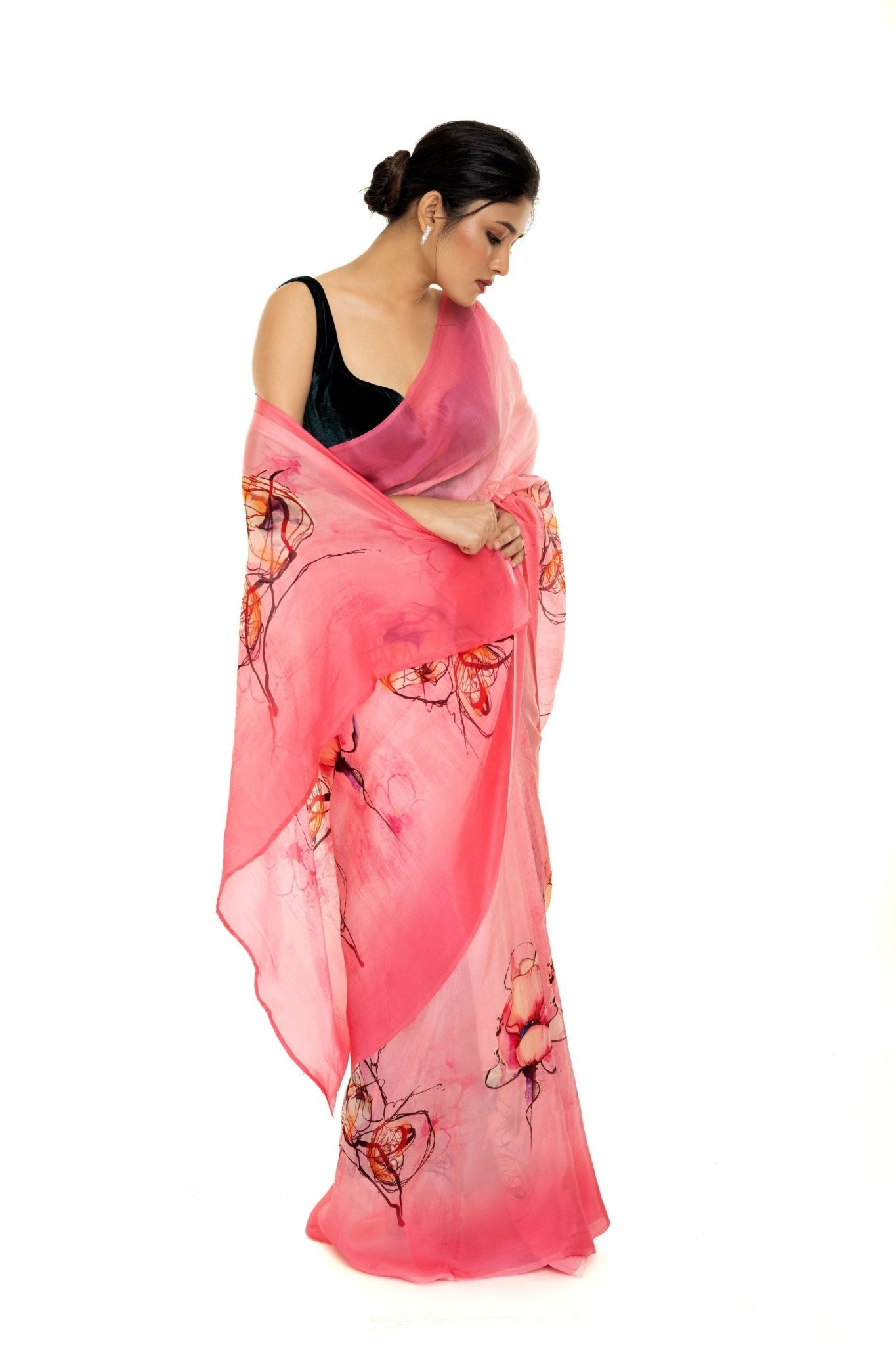 Pink Ombre Floral Painted Pure Organza Silk with Unstitch Blouse Piece - Anvi Couture