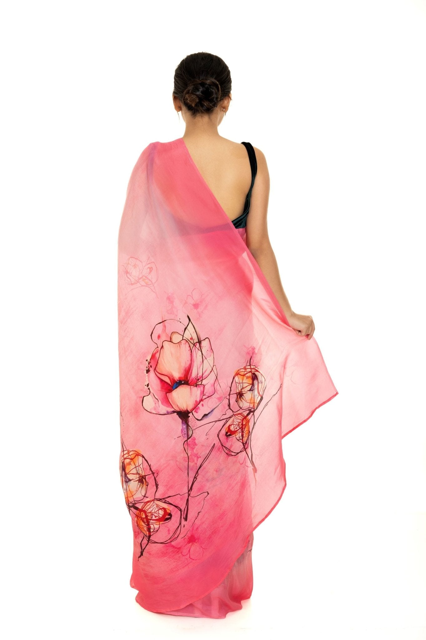 Pink Ombre Floral Painted Pure Organza Silk with Unstitch Blouse Piece - Anvi Couture