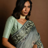 Sage Green Satin Silk Saree with Floral Prints and Parsi Gara Border - Anvi Couture